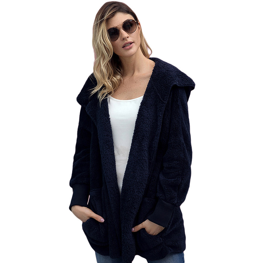Casual Women's Hooded Solid Color Warm Plush Jacket