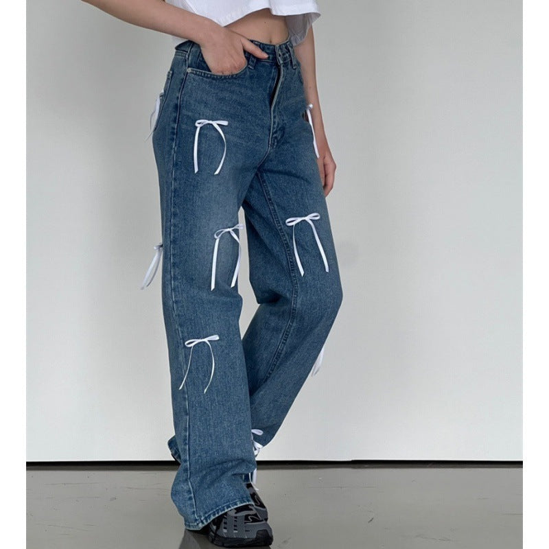 Pantalon de survêtement en jean ample et droit rétro taille haute pour femme