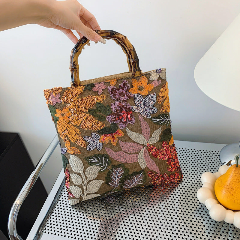 Vintage Embroidered Colorful Sequin Bamboo Handbag