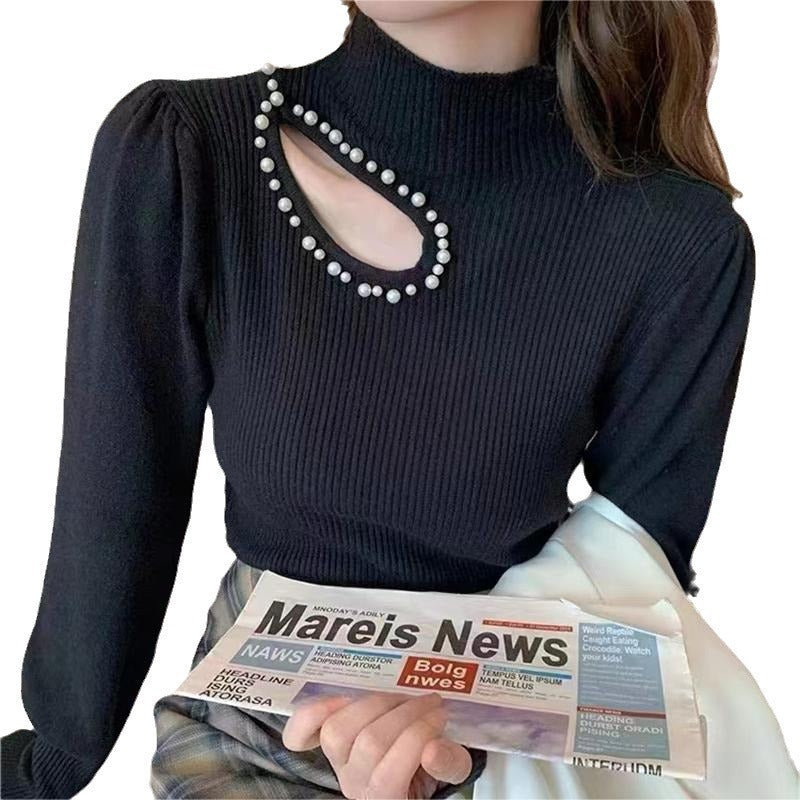 Beaded Half Turtleneck Puff Sleeve Long Sleeve Shirt