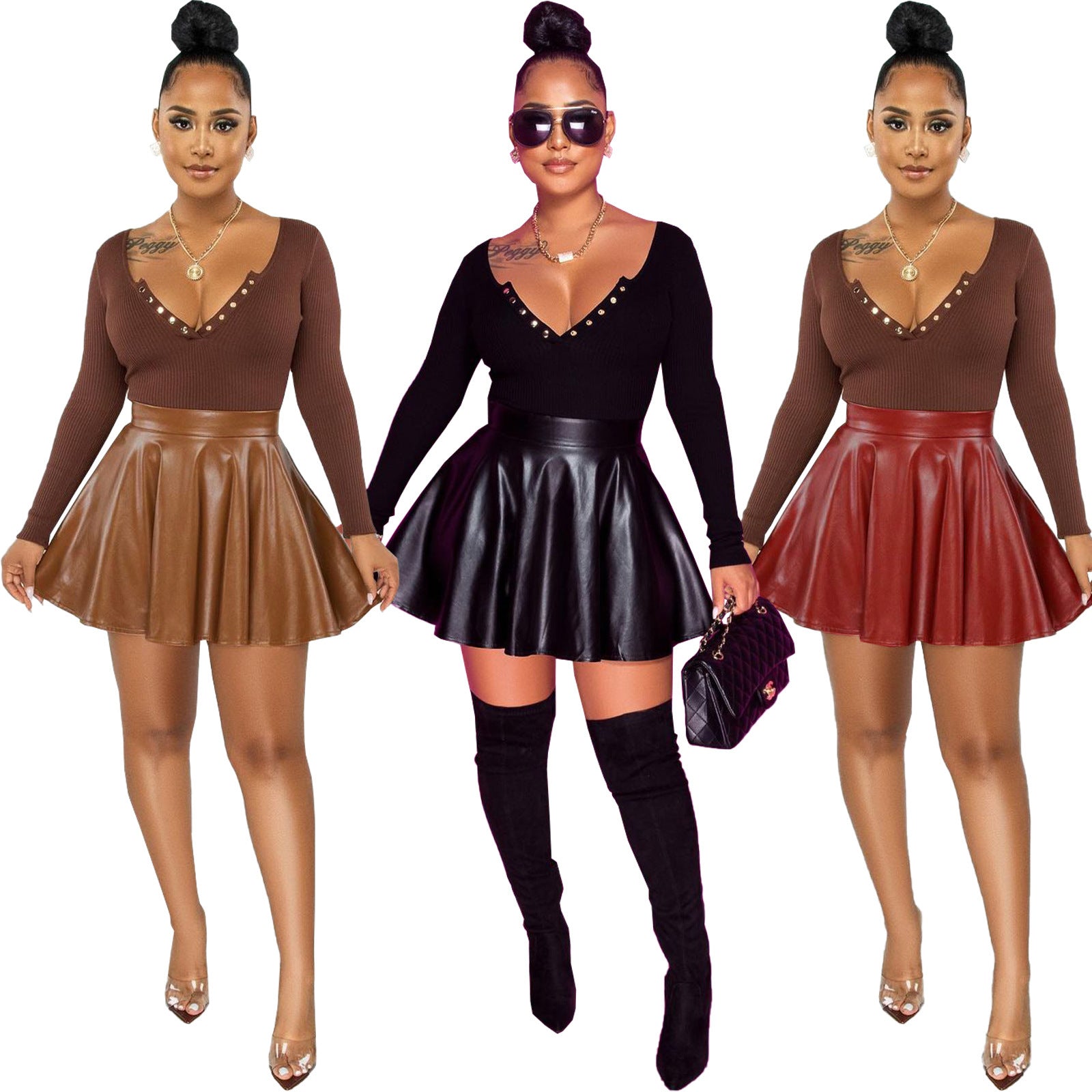 Jupe plissée sexy pour femme en similicuir PU de couleur unie
