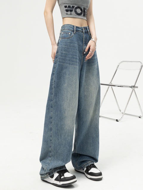 Women's Retro Blue High Waist Wide Leg Denim Jeans