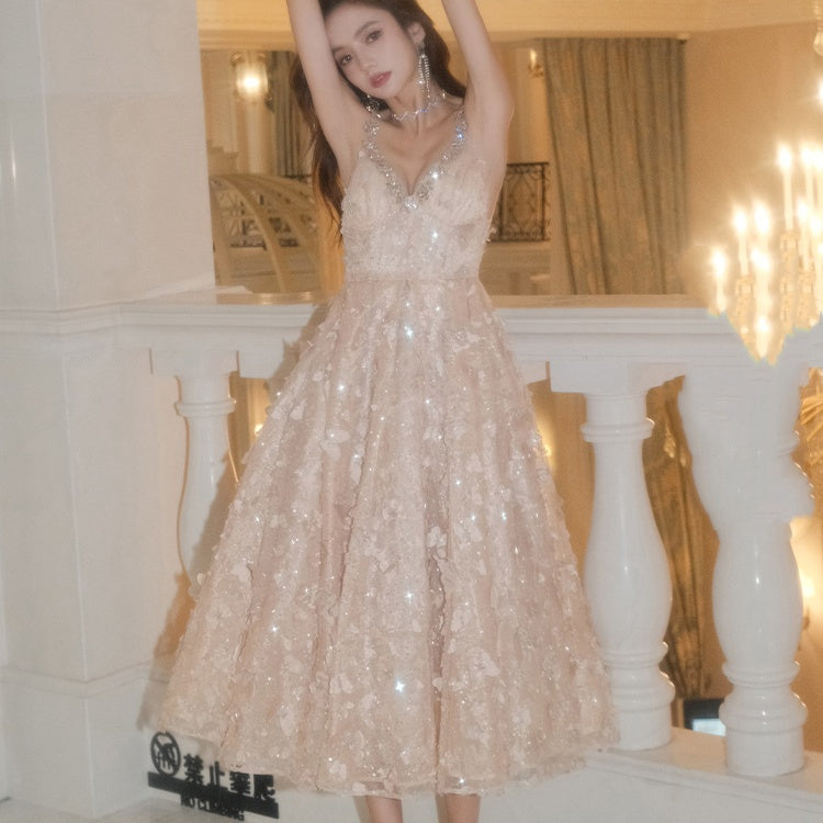 Robe de cocktail à bretelles en cristal et paillettes pour femme, idéale pour anniversaire et fiançailles