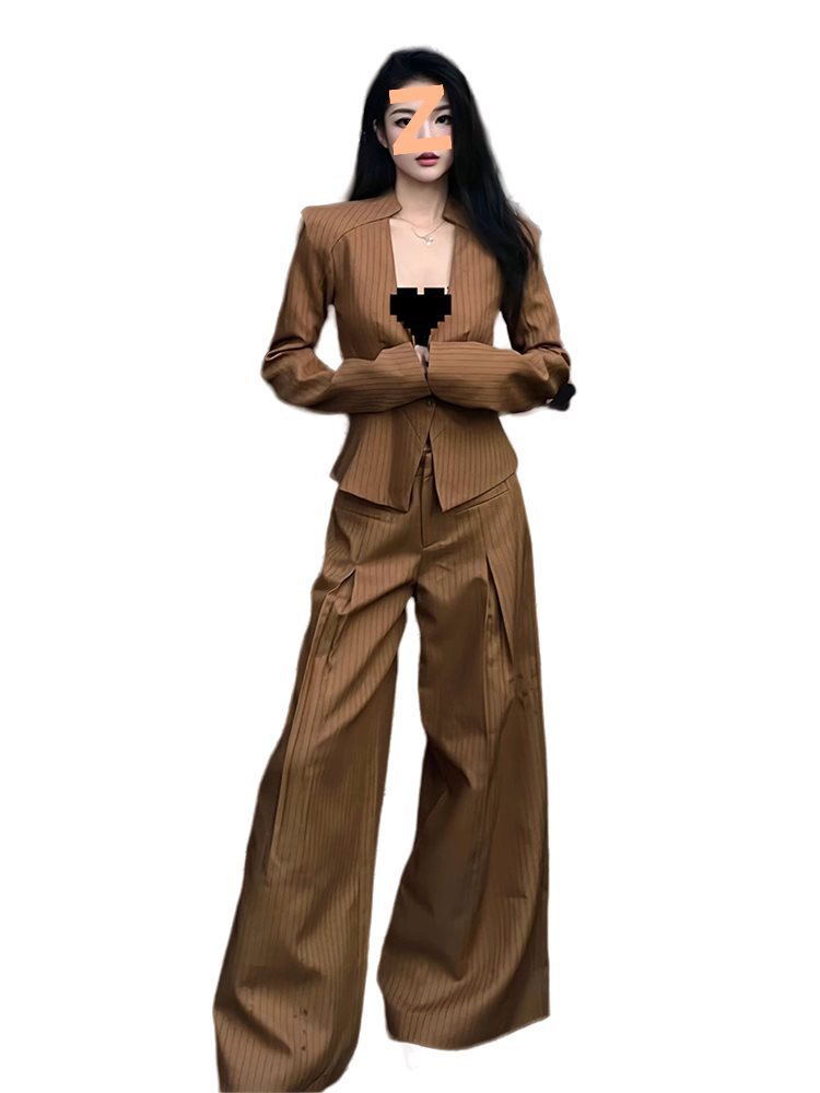 Women's Retro American-Style Chenille Coat & Wide-Leg Pants Suit Brown