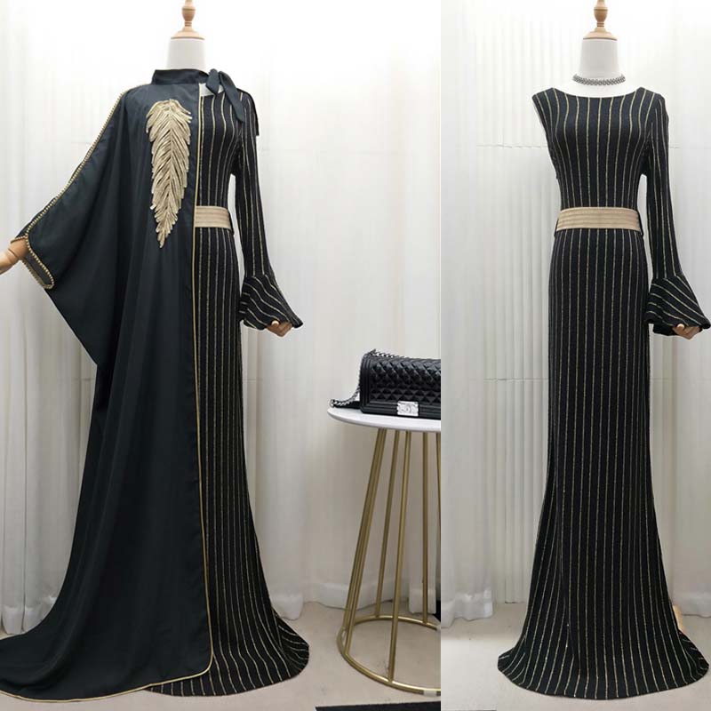 Queen Style Split Two-piece Suit Striped Robe Dress Pearl Embroidery Talma Cloak for Muslim Women