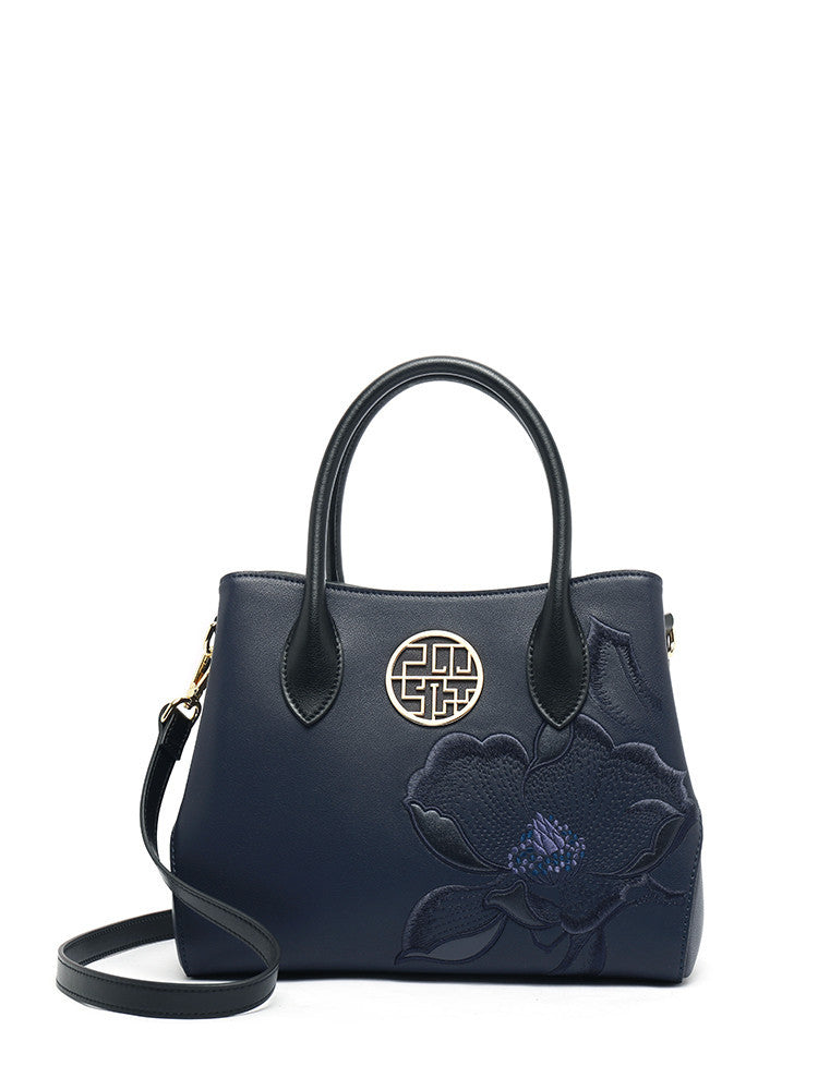 Mother's Day Birthday Gift Tote Bag for Mom – Red & Dark Blue Leather, Zipper Closure, 23cm x 30cm