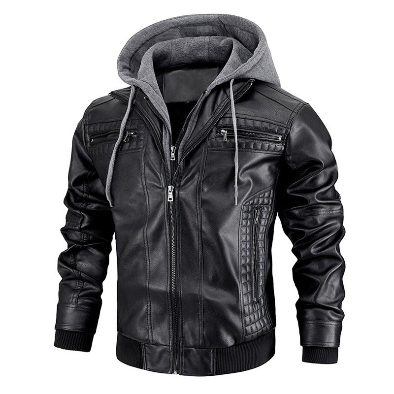 Blouson à capuche en cuir PU pour hommes avec poches zippées - Manteau chaud et tendance