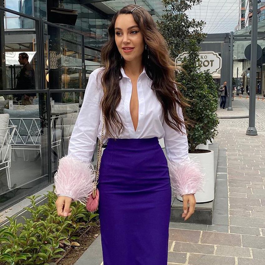 White Ostrich Feather Long Sleeve Fashion Slim Fit Workplace Design Blouse Shirt Women's Clothing