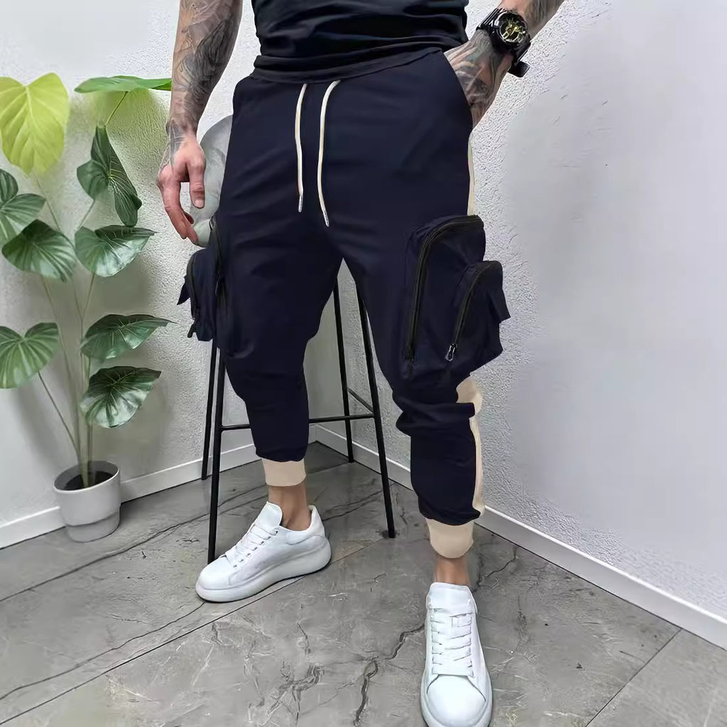 Casual Multi-Pocket Colorblock Tapered Zipper Overalls
