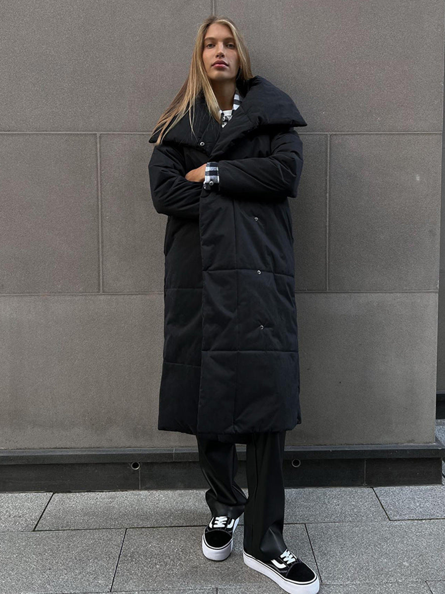 Fashion Large Lapel Long Winter Cotton Coat with Pockets and Lace-Up Design for Women
