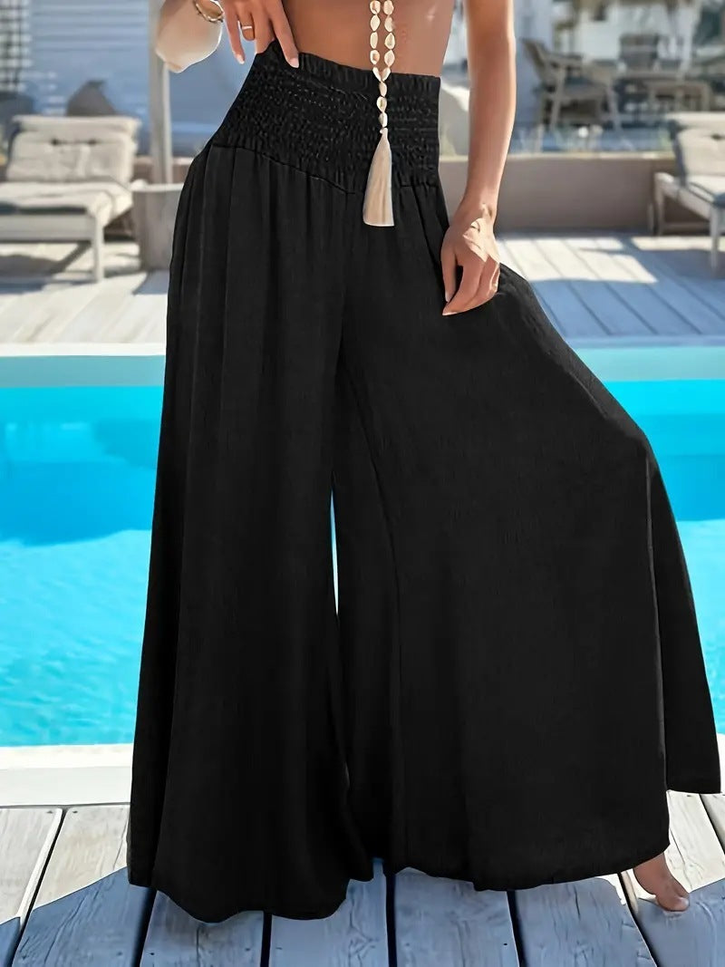 Solid Color High Waist Smocking Ice Silk Wide Leg Trousers