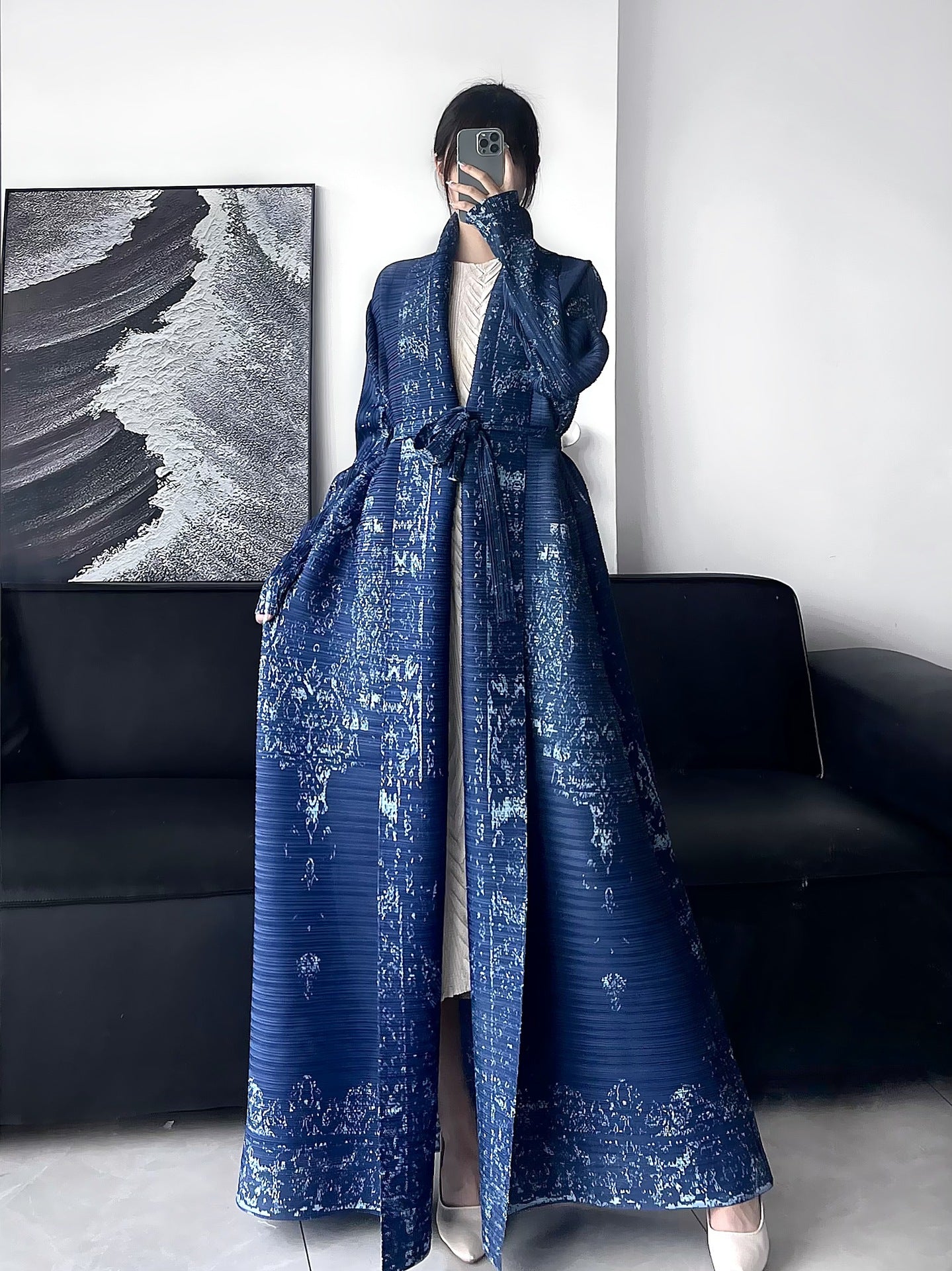 Pleated Print Fashionable All-match Lace-up Loose Arabian Abaya Robe