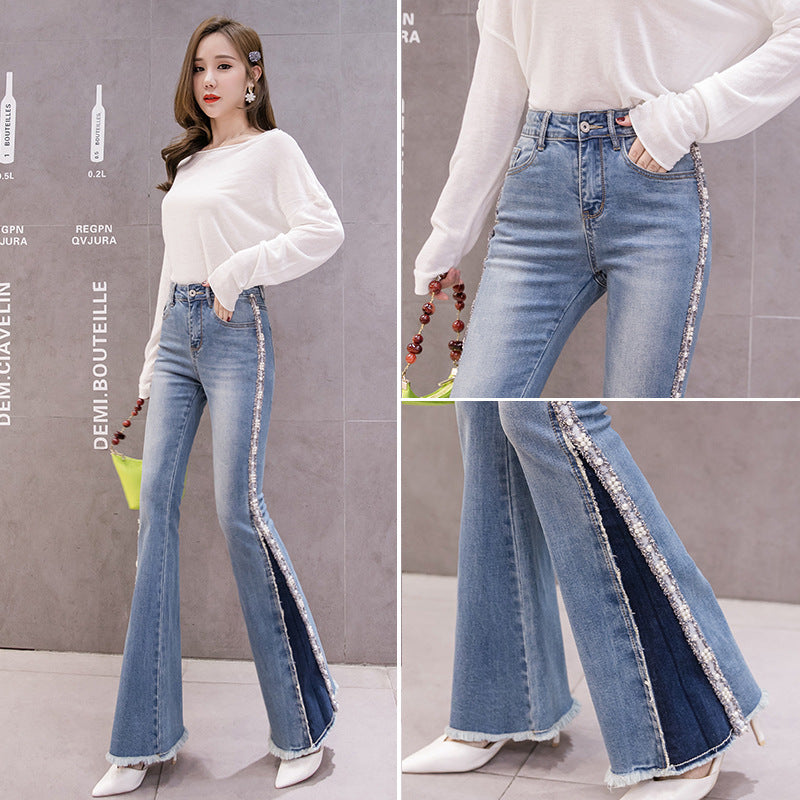 High Waist Slimming Embroidery Beaded Flared Denim Jeans for Women