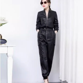 Slim Fit Black PU Leather Work Suit & Jumpsuit for Women, Sizes S-3XL
