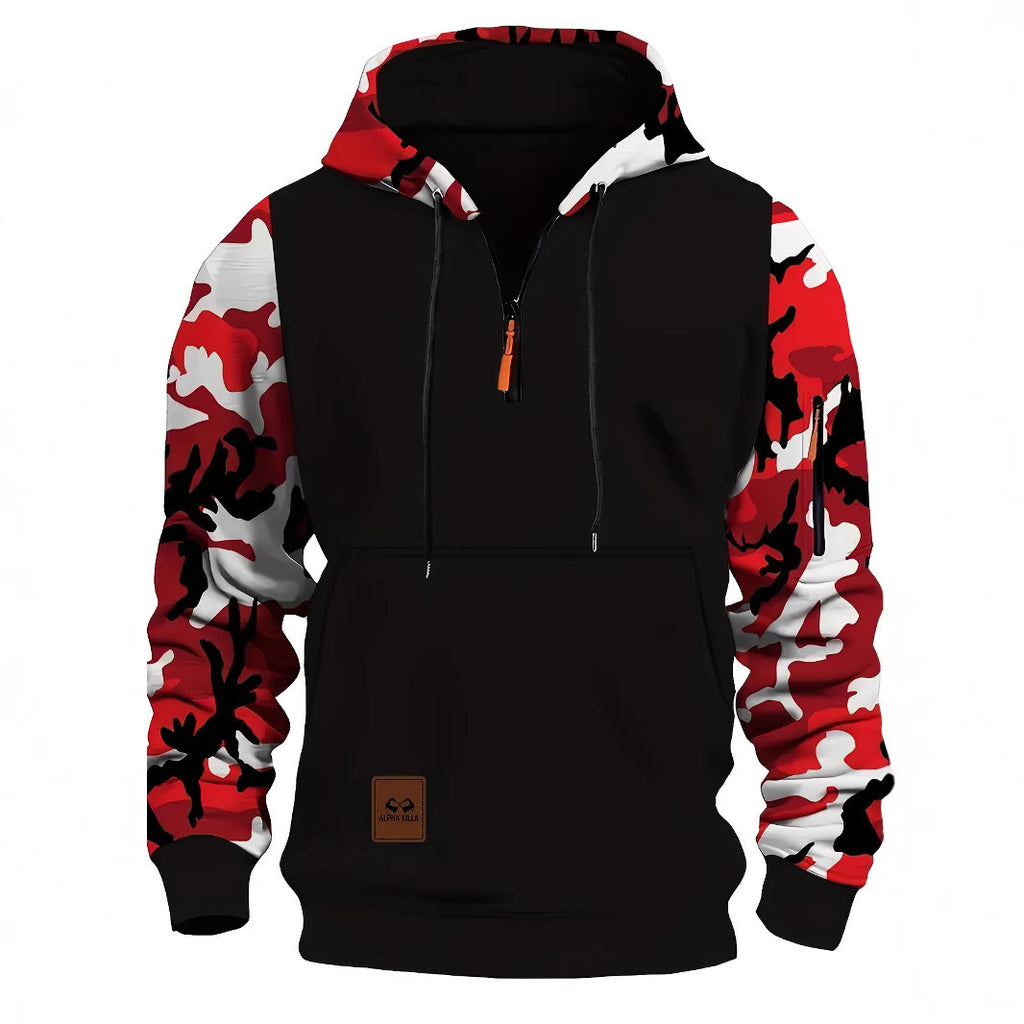 Sweat-shirt à capuche zippé vintage pour homme avec coutures et motif camouflage