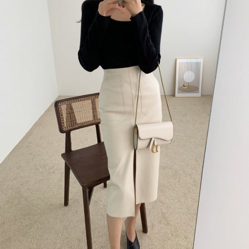 High Waist Mid-Length PU Leather Hip Skirt with Side Split