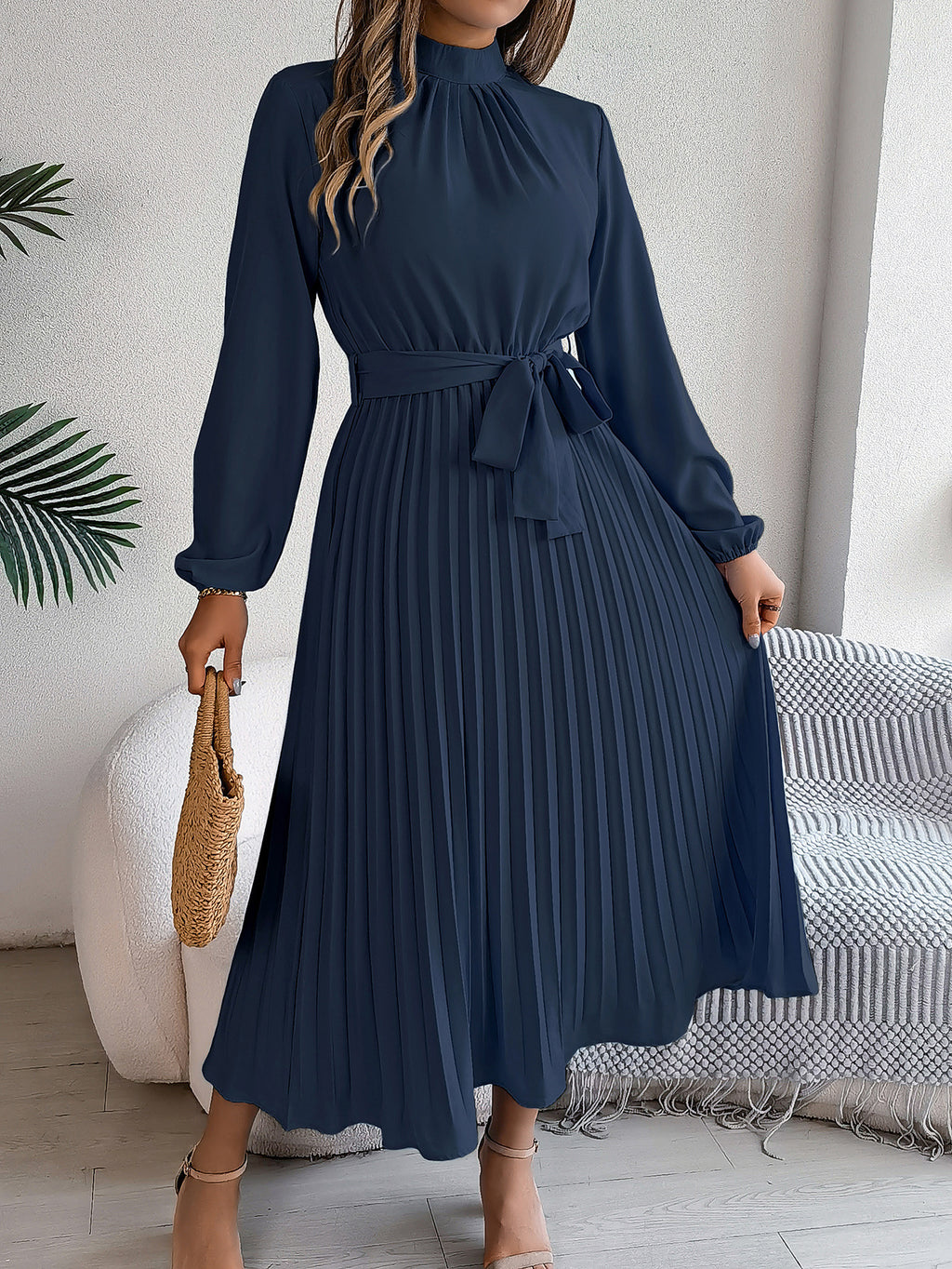 Stand Collar Long Sleeve Cinched Pleated Dress