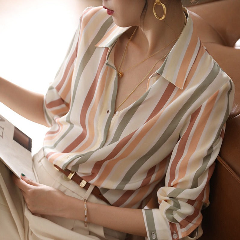 Women's Striped Long Sleeve Shirt Top Polyester S-3XL