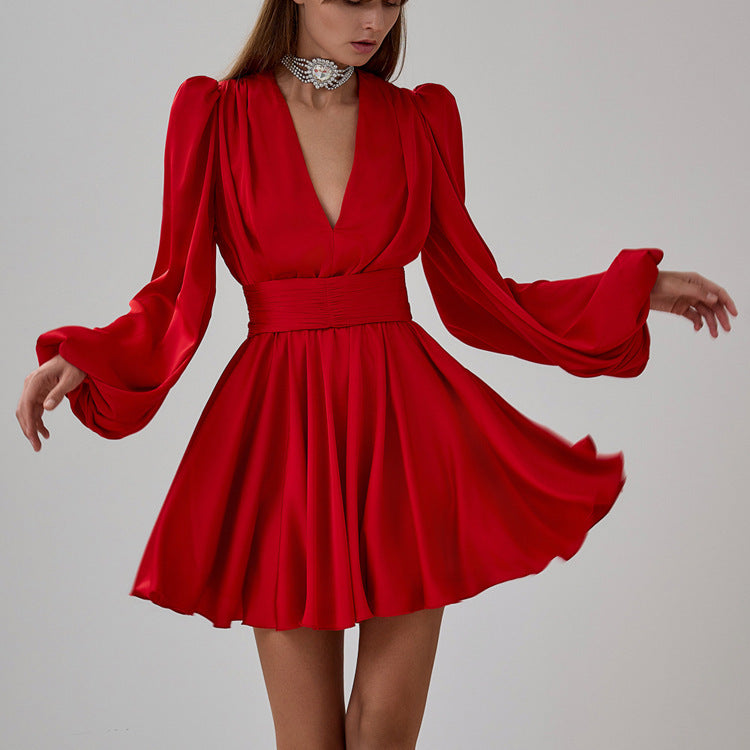 Red Puff Sleeve V-Neck Pleated Waist Tie Dress
