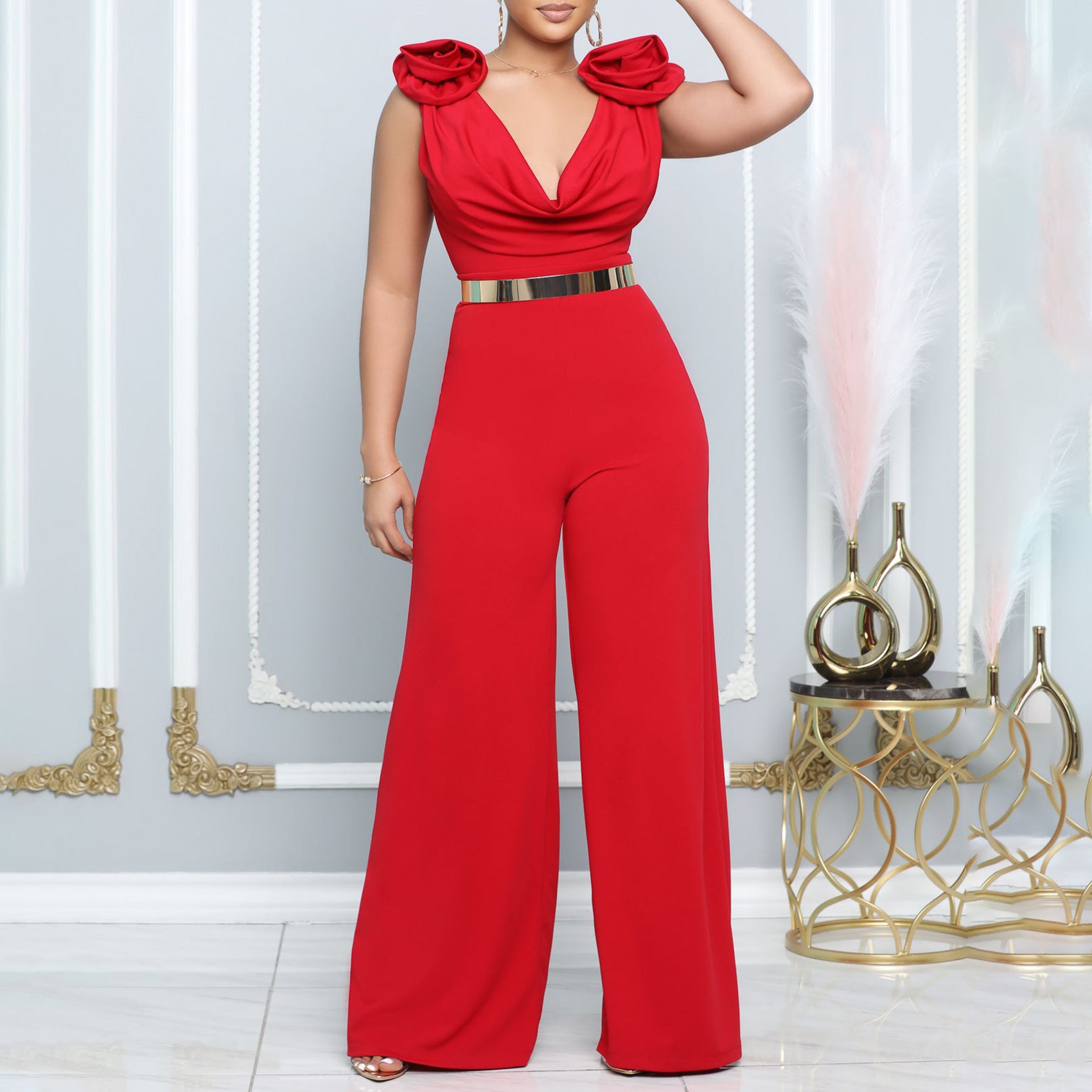 V-Neck Sleeveless Solid Color Turtleneck Jumpsuit with Belt