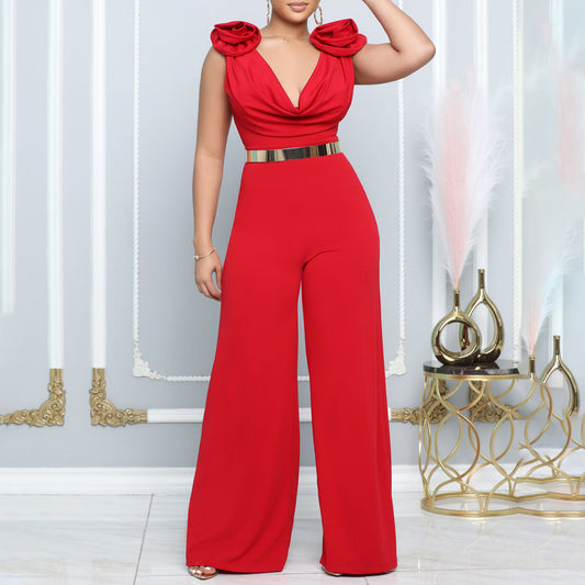 New Fashion V-neck Solid Color Turtleneck Sleeveless Fitted Waist Jumpsuit
