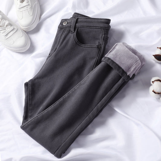 Plush Padded Jeans Women's Winter High-waisted Feet