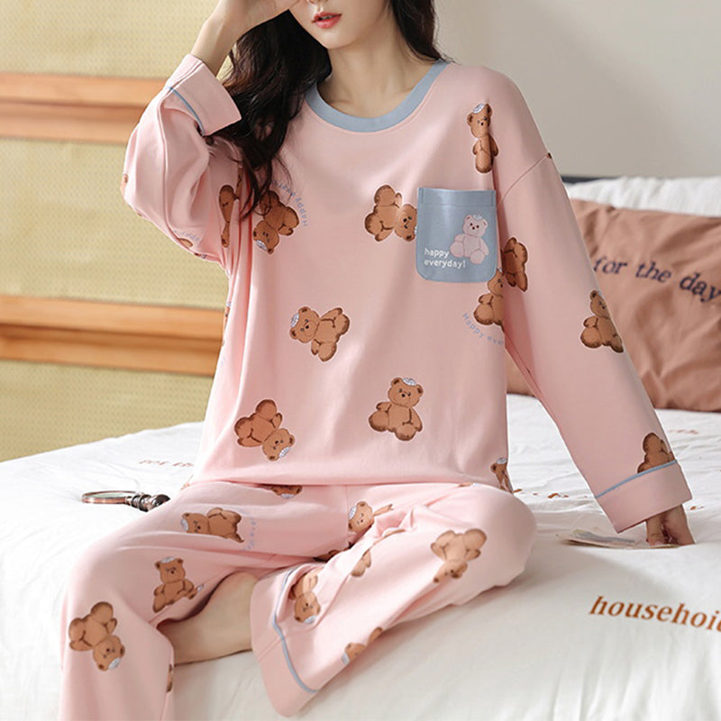 Ensemble de pyjama en coton mélangé imprimé ample pour femme - Haut à manches longues et pantalon - Vêtements de nuit et de détente pour automne et hiver