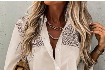 Chemise cardigan à revers en dentelle à manches longues ample de couleur unie pour femmes