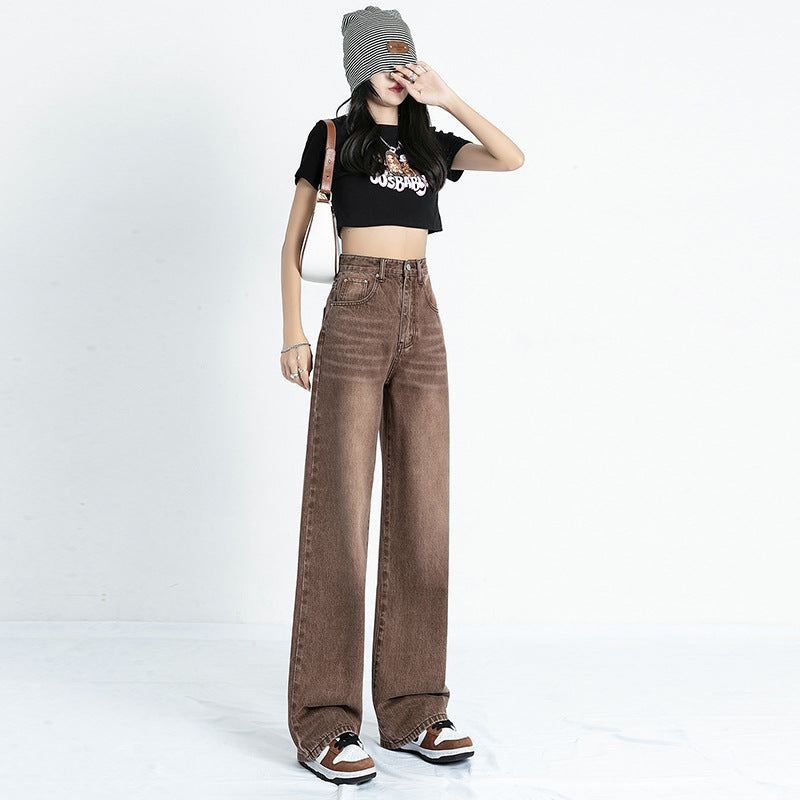 بنطلون جينز نسائي بخصر عالٍ، بنمط أمريكي مستقيم، بتصميم كلاسيكي