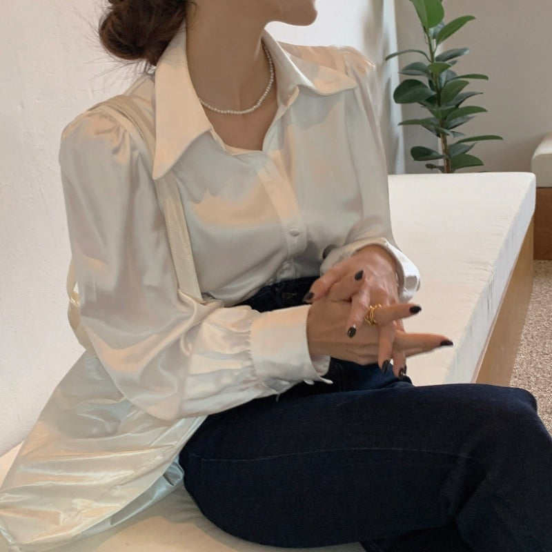 Women’s Puff Sleeve Lapel Loose White Cotton Blouse Shirt