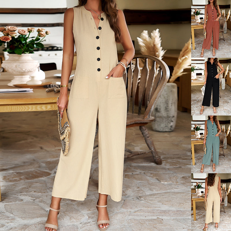Combinaison sans manches boutonnée mode à jambes larges pour femme