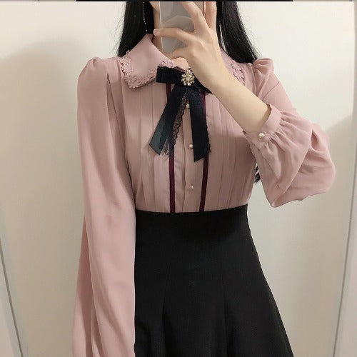 Embroidered Bowknot Long-sleeved  Blouse Female Design Princess Style Chiffon Shirt