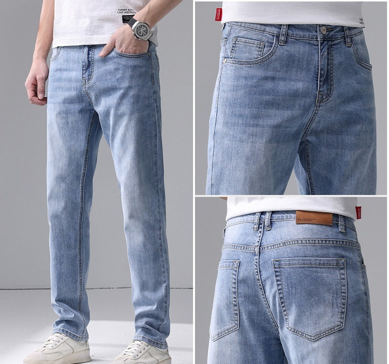 Men's Slim Fit Straight Jeans Mid Waist Cotton