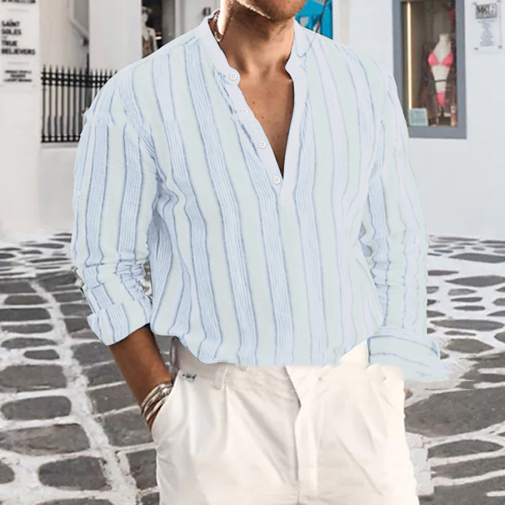 Men's White Striped Cotton Long Sleeve Stand Collar Shirt