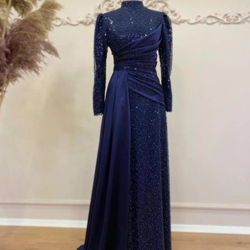 Robe de soirée longue à col montant et manches longues en dentelle à sequins bleu foncé musulmane Hui