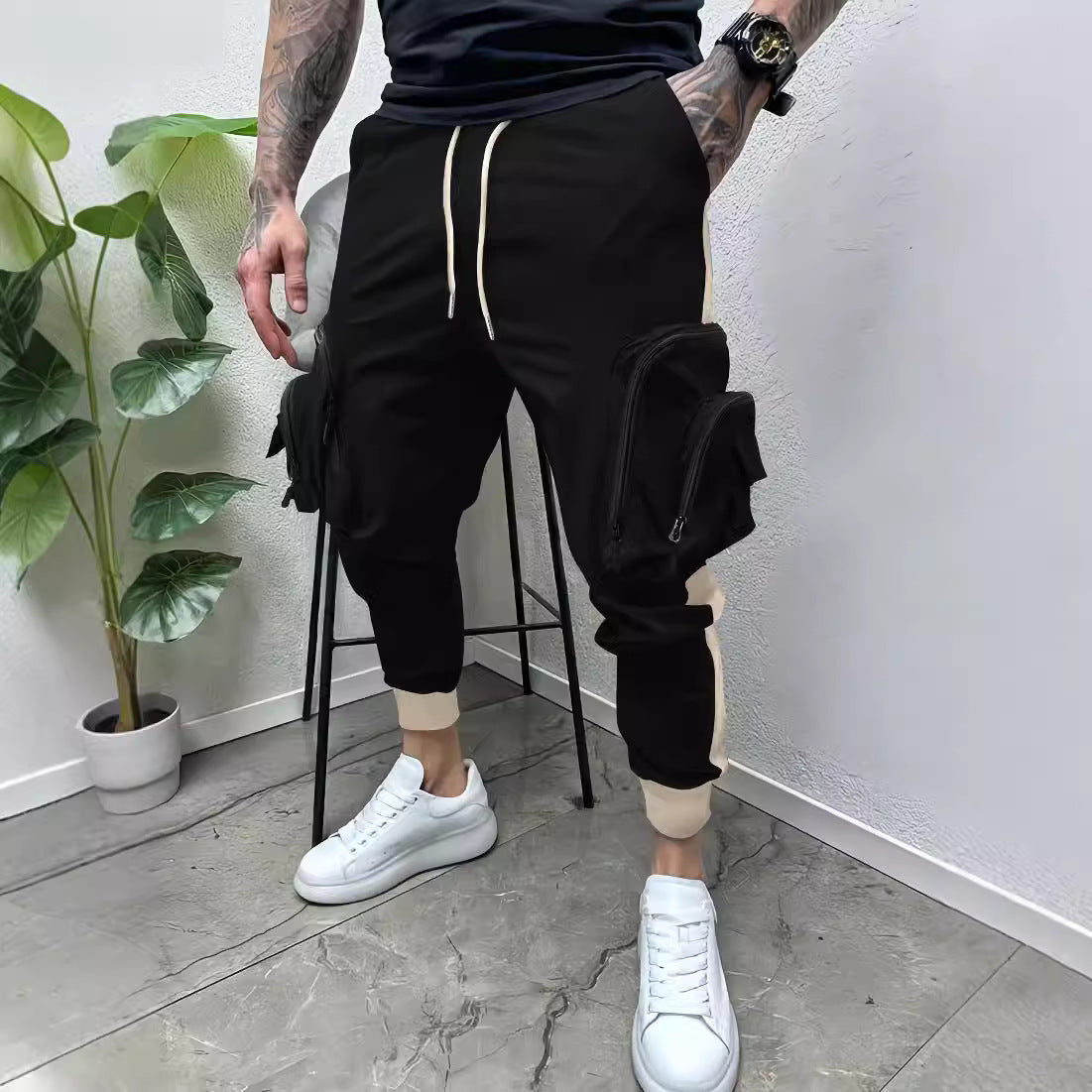 Casual Multi-Pocket Colorblock Tapered Zipper Overalls