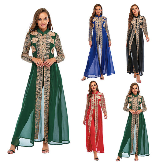 Arabian Women Chiffon Stand Collar Lace Long Sleeve Dress Pants Set
