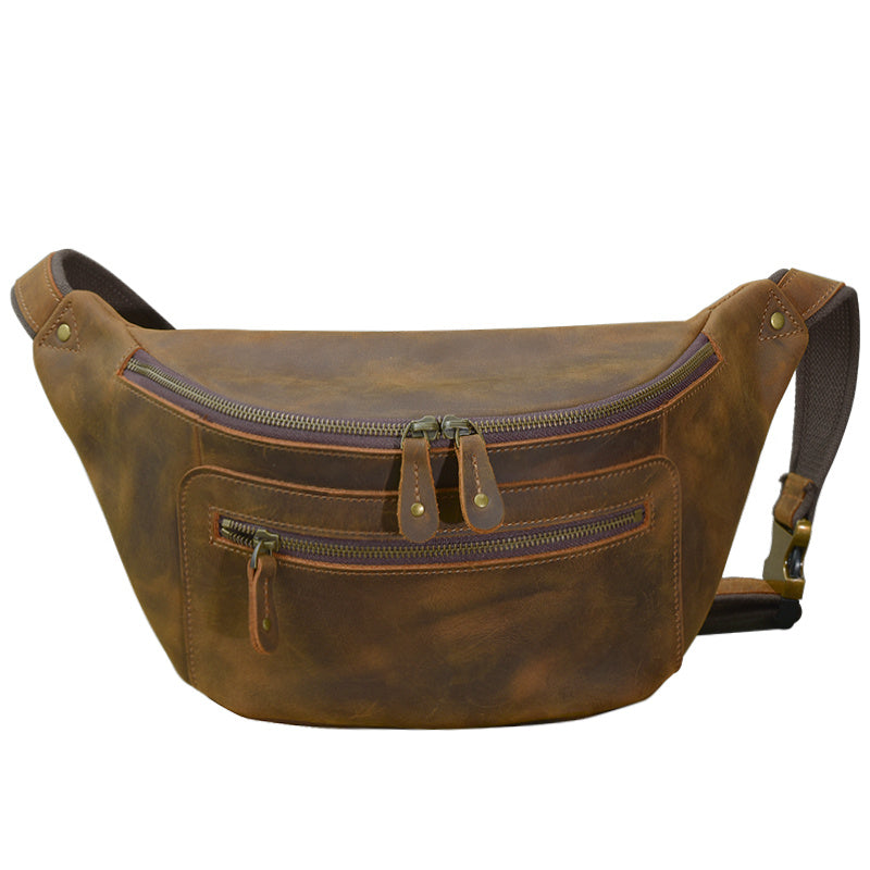 Retro Distressed Crazy Horse Leather Large Men's Chest Bag