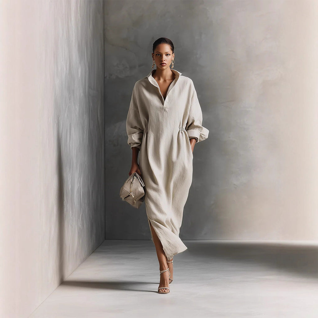 Robe maxi élégante fendue pour femme, blanc cassé, à manches longues et col à revers