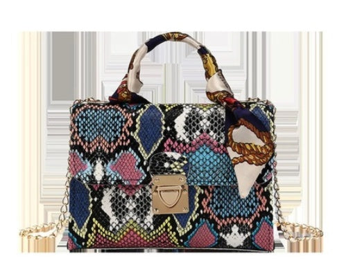 Colorful Snake Print PU Leather Medium Square Handbag