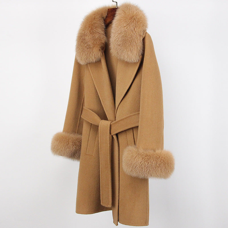 Double-Faced Wool Overcoat Long Slim Fit with Fox Fur Collar