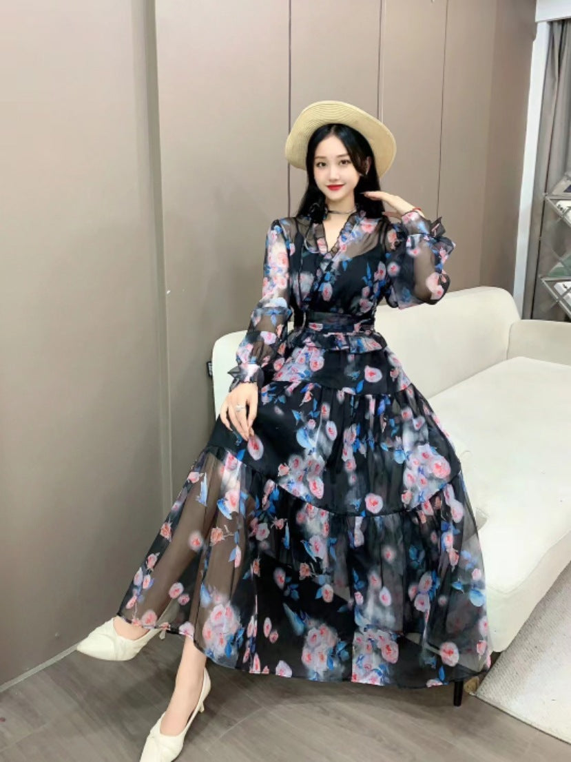 French Waist Slimming Floral Dress High Waist Free Size Polyester