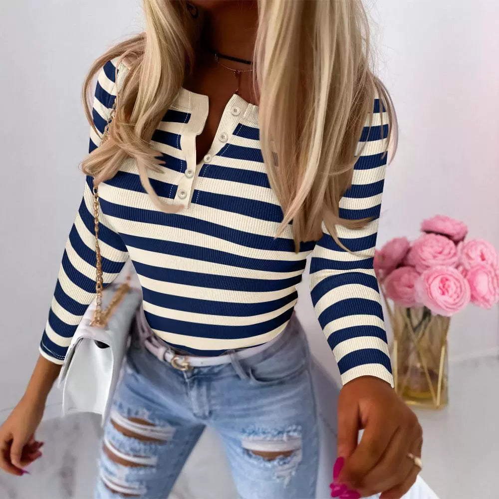 Women's Long Sleeve Sunken Stripe Contrast Top