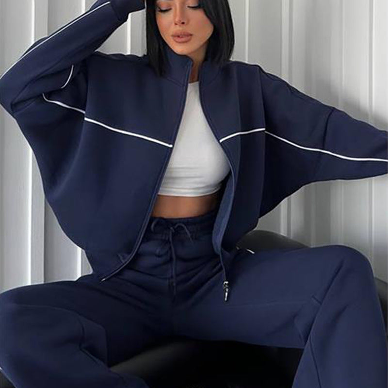 Women's Long Sleeve Half Turtleneck Cardigan Suit with Trousers