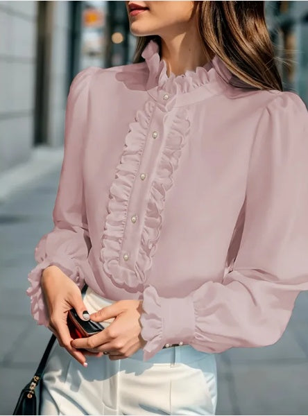Stand-Up Collar Long-Sleeve Shirt with Lotus Leaf Hem - 100% Polyester