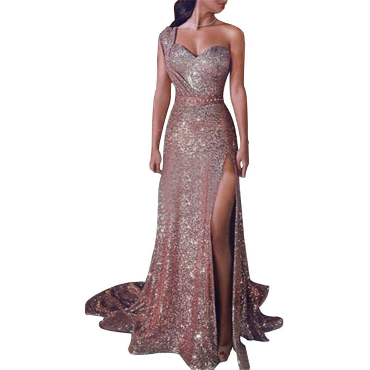 Women's One-Shoulder Sleeveless Bronzing Split Dress