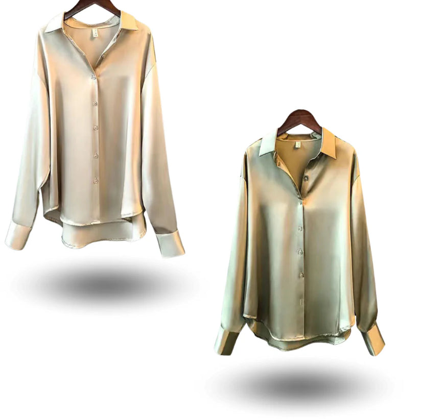 Chemise en satin à manches longues pour femme, coloris blanc nacré, vert, abricot et noir