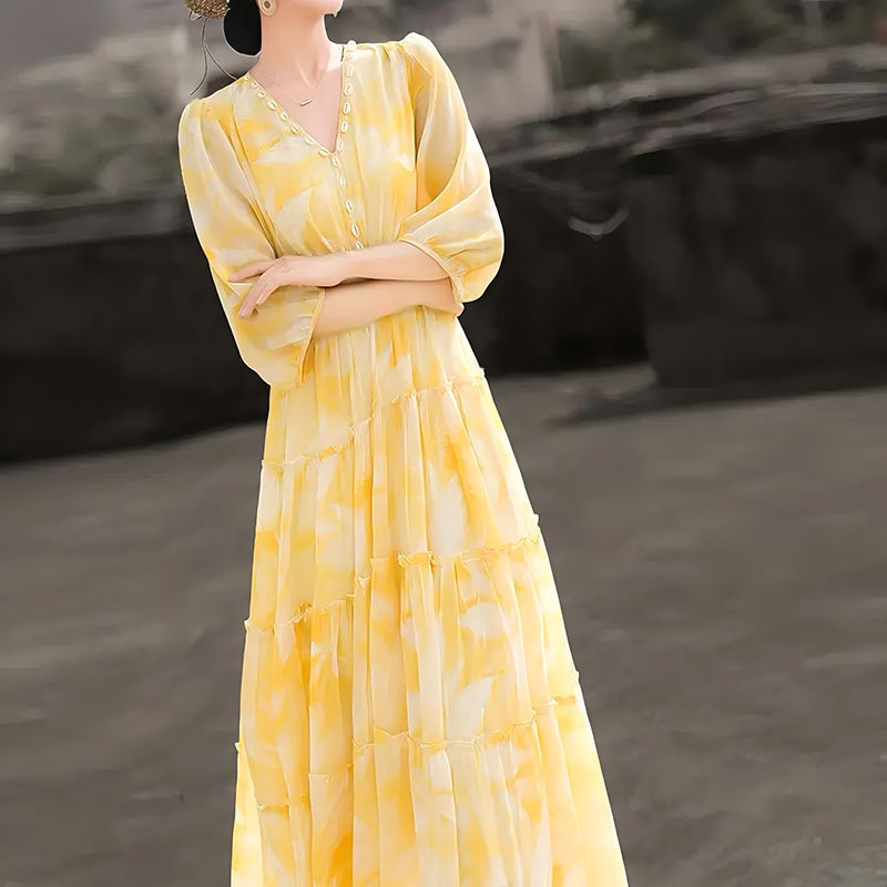 Yellow Youthful Temperament Chiffon A-Line Skirt