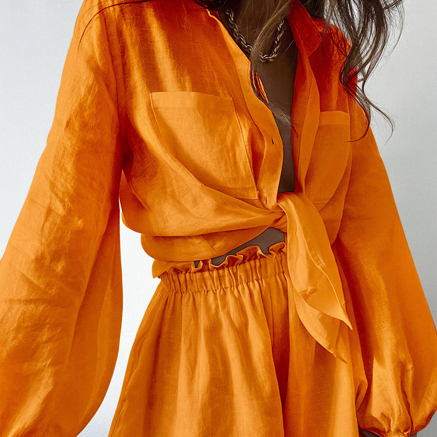 Cotton And Linen Suit Women's Long Sleeves Shorts Two-piece Set