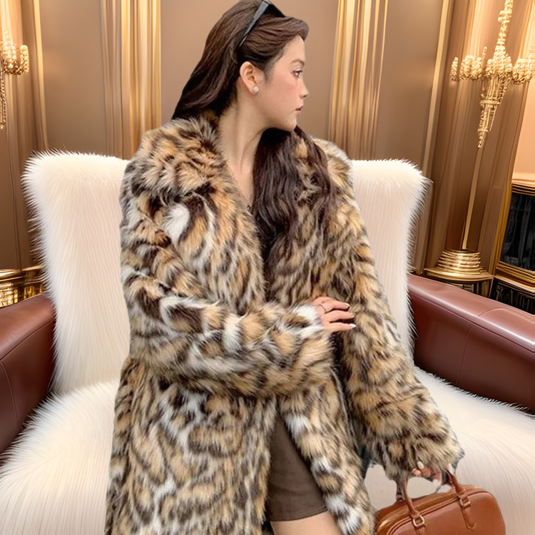 Fashion Long Mid-Length Faux Fox Fur Coat with Collar